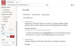An image of a JSTOR search for Langston Hughes and the Harlem Renaissance with the date limiters 2018-2023