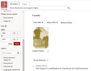This image shows a page from JSTOR with search limiters for the years 1920 through 1940, researching Langston Hughes and the Harlem Renaissance.