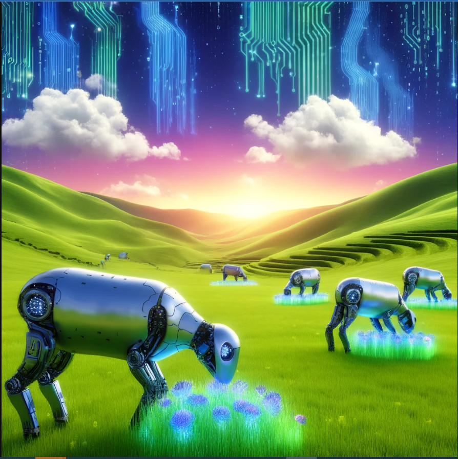 Android sheep grazing an a computerized meadow