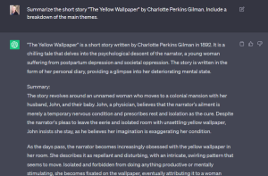 Screenshot of the linked ChatGPT conversation about Charlotte Gilman Perkins short story, "The Yellow Wallpaper."