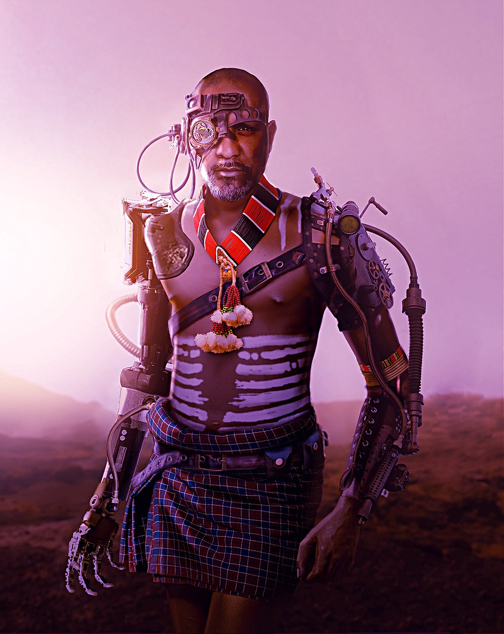 a cyborg African warrior with traditional garb
