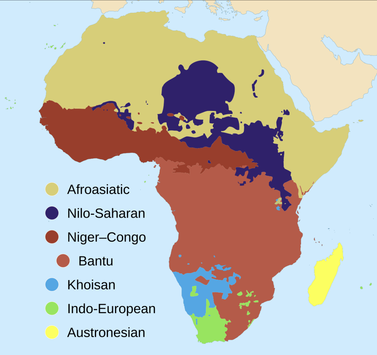 A map of Africa showing major language families