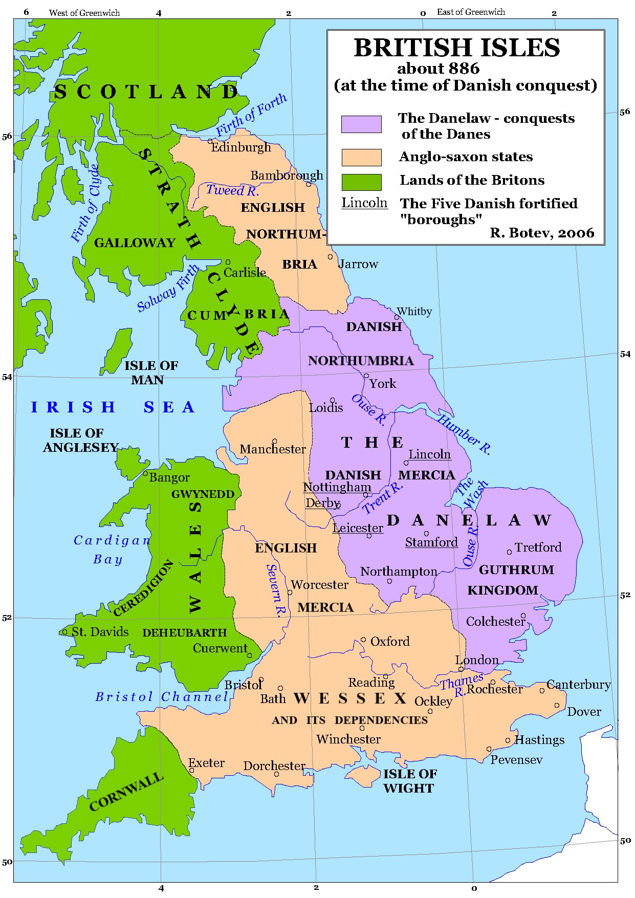 A map of the British isles showing the Anglo Saxon kingdoms in 886 Common Era