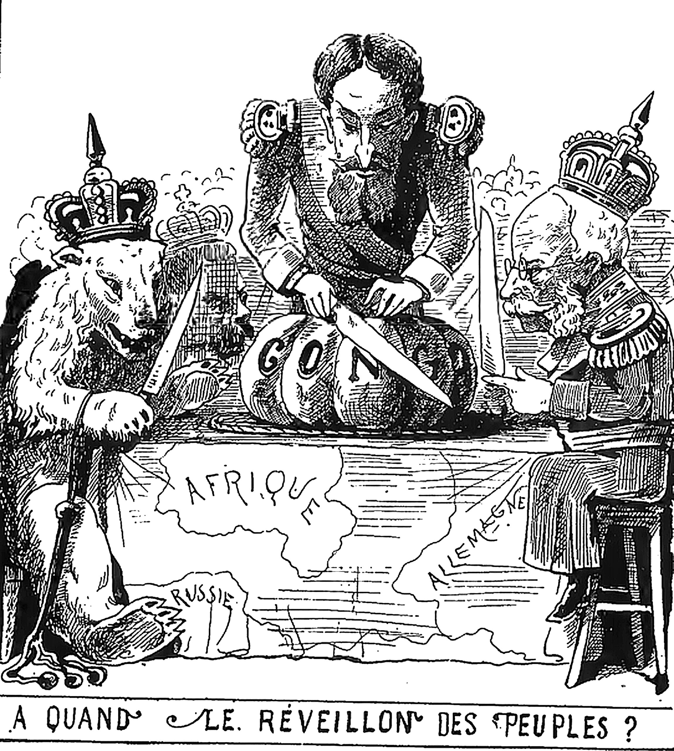 a black and white hand-drawn cartoon of a King towering over a map of Africa