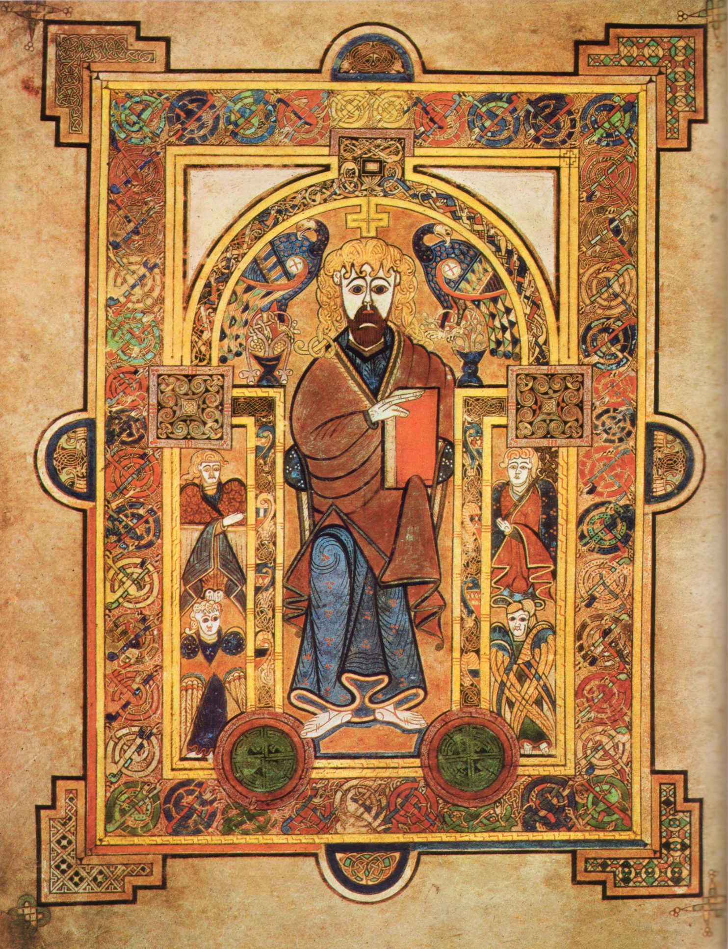 illuminated manuscript page depicting Christ in blue and red surrounded by gold and decorations.