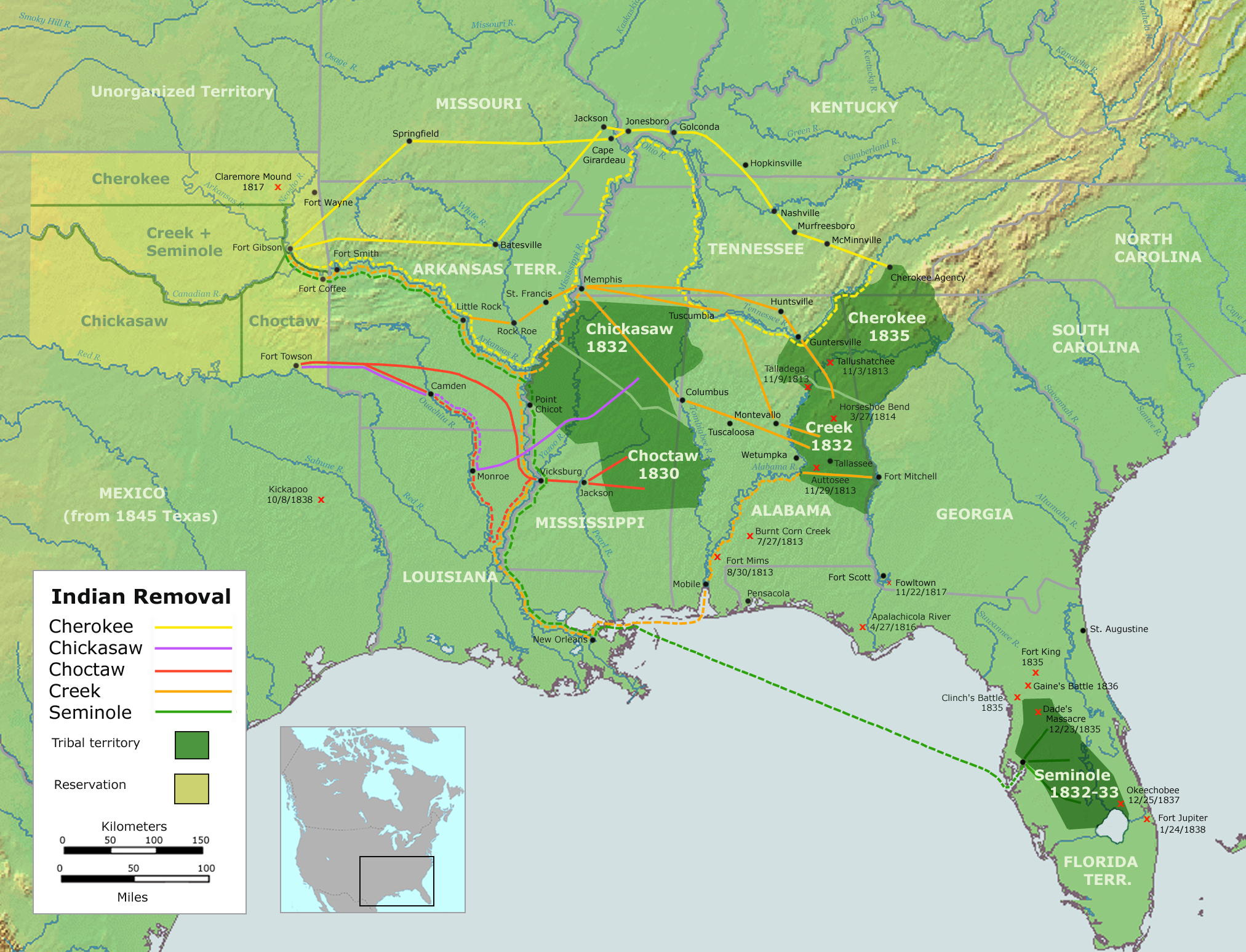 Map of the Southeast showing Indian Removal routes—Cherokee, Chickasaw, Choctaw, Creek, Seminole—leading west to Indian Territory