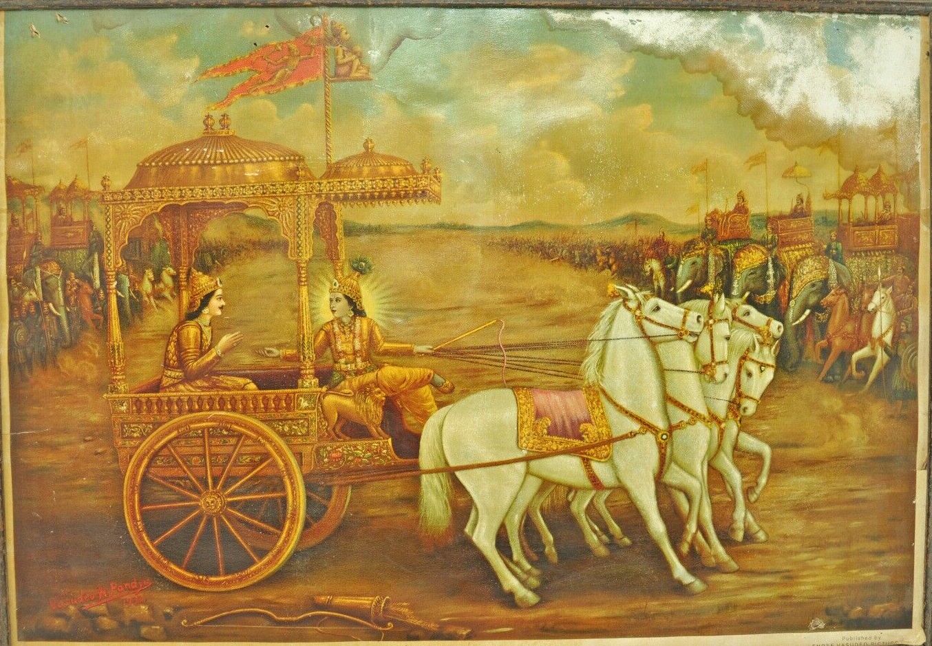 the god Krishna is pulled in a chariot by two white horses