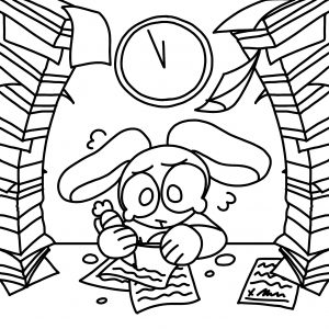 A student bunny is frantically working on schoowork as books high overhead on each side of them. A clock looms overhead in the center.