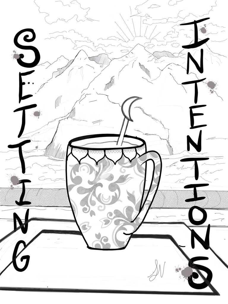 A mug of tea with crescent moon stir stick sits on a boat ledge on a body of water with a background of mountains and a sunrise. Text reads setting intentions.