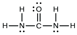 A Lewis structure is shown. A nitrogen atom is single bonded to two hydrogen atoms and a carbon atom. The carbon atom is single bonded to an oxygen atom and one nitrogen atom. That nitrogen atom is then single bonded to two hydrogen atoms. The oxygen atom has two lone pairs of electron dots, and the nitrogen atoms have one lone pair of electron dots each.