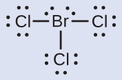 A Lewis structure is shown. A bromine atom with two lone pairs of electrons is single bonded to three chlorine atoms, each of which has three lone pairs of electrons.