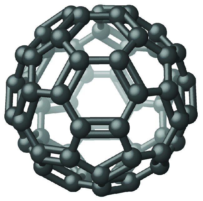 A spherical structure is made up of hexagonal rings, each of which is made up of atoms bonded together with alternating single and double bonds.