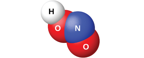 A space filling model shows a blue atom labeled, “N,” bonded on two sides to red atoms labeled, “O.” One of the red atoms is bonded to a white atom labeled, “H.”