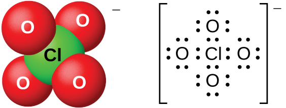 Two models of molecules are shown, both with a superscript negative sign. The left molecule shows a space-filling model with a green atom labeled, “C l,” bonded to four red atoms labeled, “O.” The right molecule is a Lewis structure of a chlorine atom surrounded by four oxygen atoms, each with four lone pairs of electrons. The Lewis structure is surrounded by brackets, and the superscript negative sign appears outside the brackets.