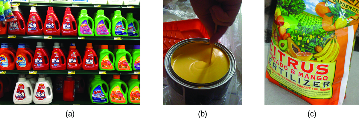 This figure includes three photographs. In a, a photo shows store shelving filled with a variety of brands of laundry detergent. In b, a photo shows a can of yellow paint being stirred. In c, a bag of fertilizer is shown.
