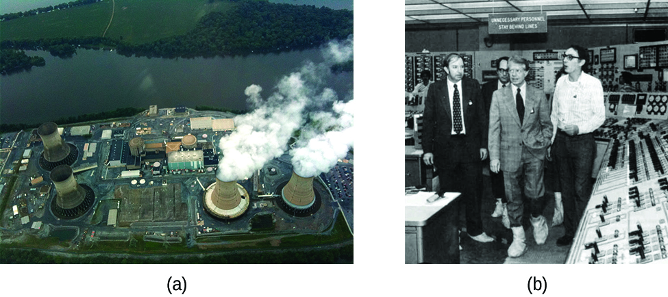 Two photos, labeled “a” and “b” are shown. Photo a is an aerial view of a nuclear power plant. Photo b shows a small group of men walking through a room filled with electronics.