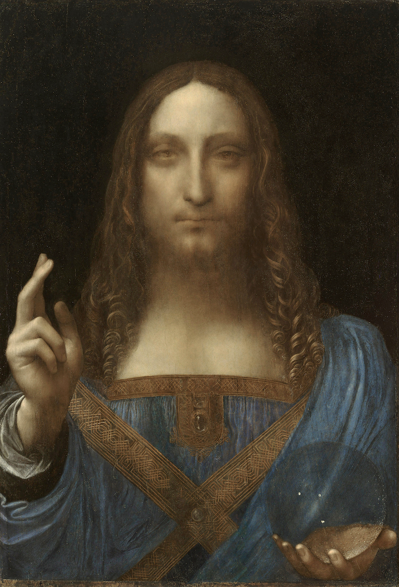 Leonardo da Vinci or not? Salvator Mundi, c. 1500, oil on panel, 45.4 cm × 65.6 cm (Louvre Abu Dhabi)