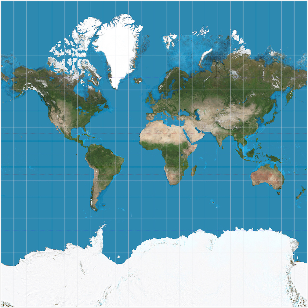 A world map showing continents with incorrect proportions. Mercator projection (map: Strebe, CC BY-SA 3.0)