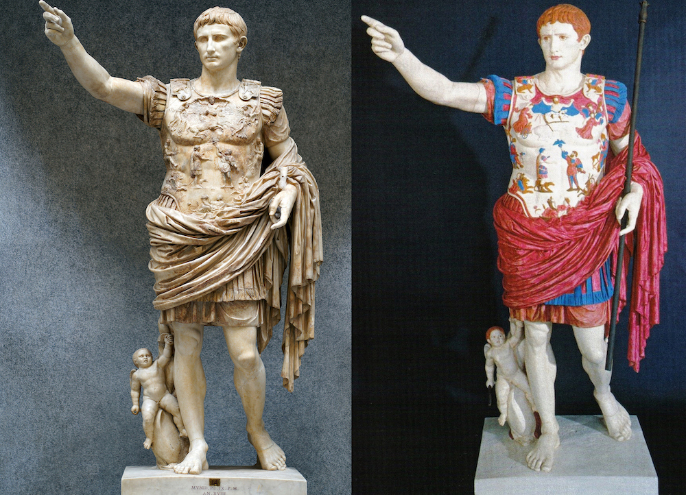 Left: Augustus of Primaporta, 1st century C.E., marble, 2.03 meters high (Vatican Museums) (photo: Steven Zucker, CC BY-NC-SA 2.0); right: possible polychromy of Augustus of Primaporta