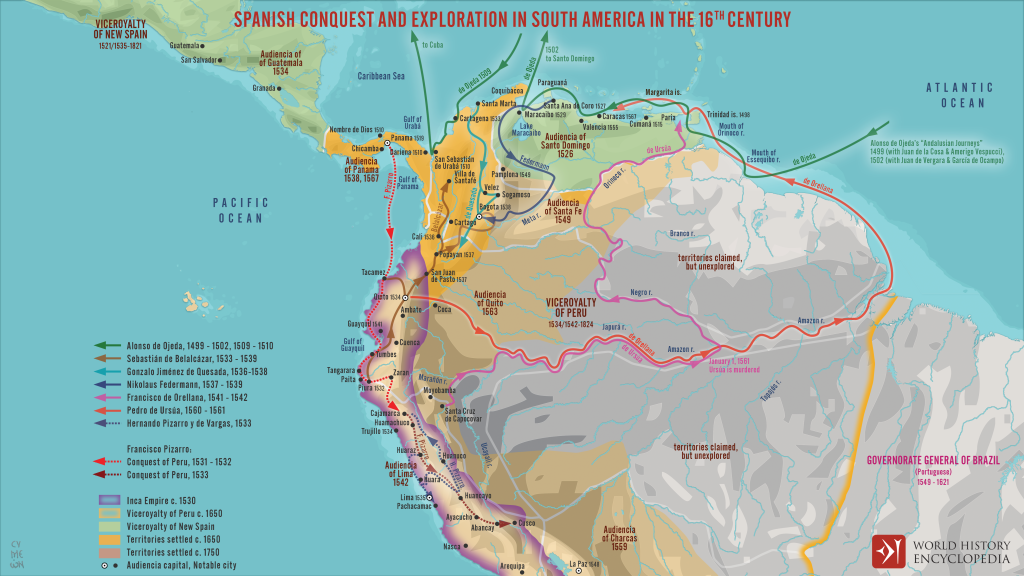 Map of the Spanish Conquest and Exploration in South America, 16th c.