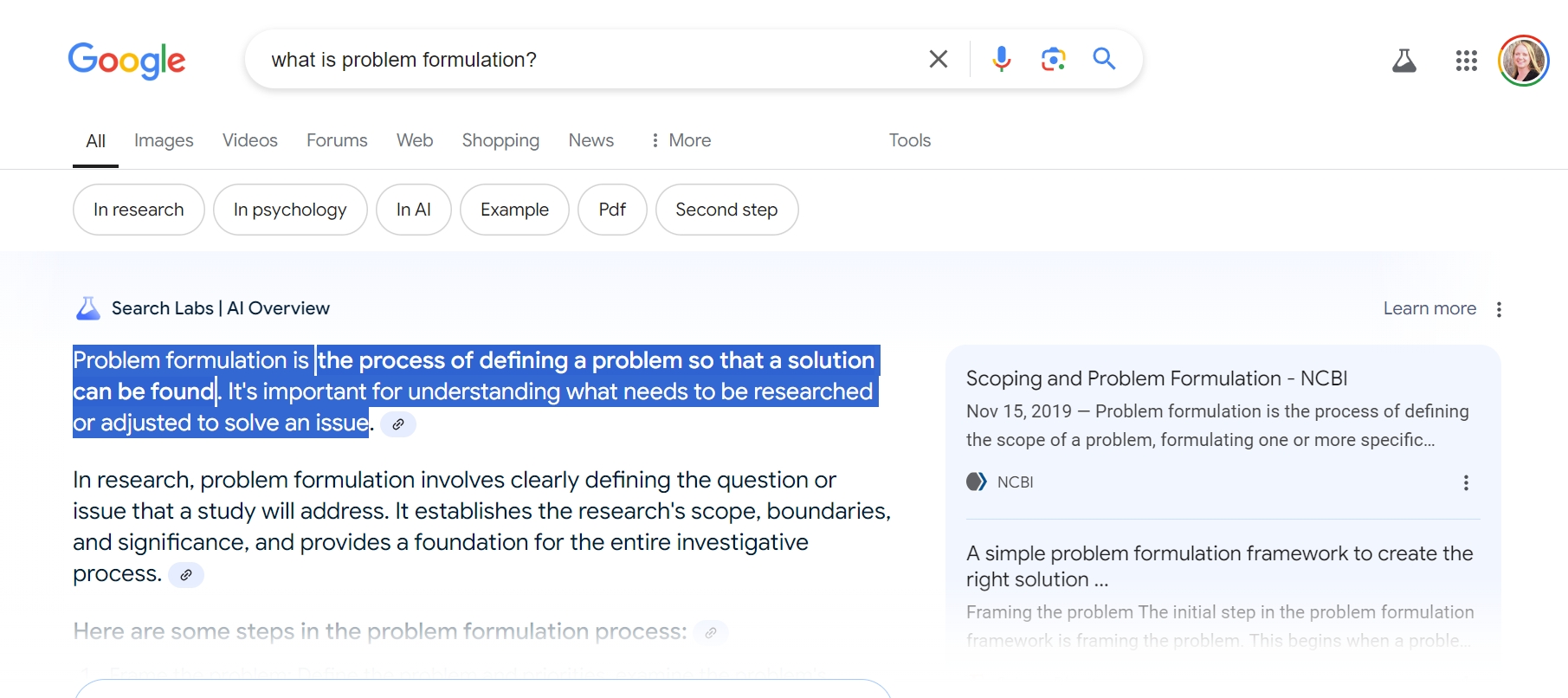 A screenshot of generative AI text on a Google search engine defining problem formulation and linking to two National Institute of Health publications.